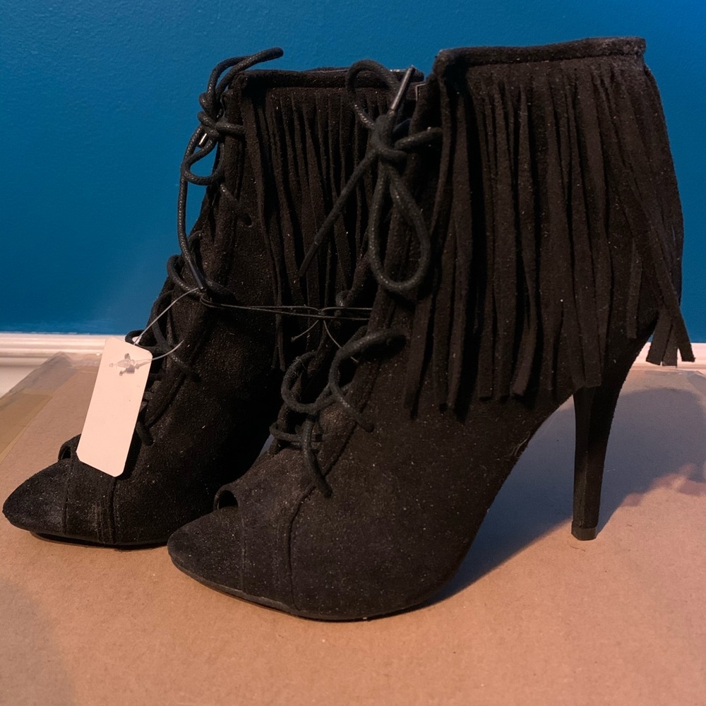 NWT Fringe Black Peep-Toe Booties